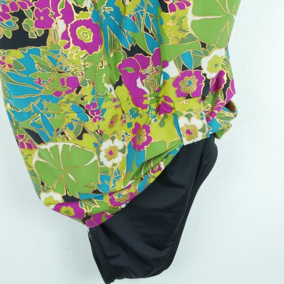 Vintage Size 16 One Piece Swimsuit 90s High Cut Metallic Glam Low Back Floral - Picture 2 of 8